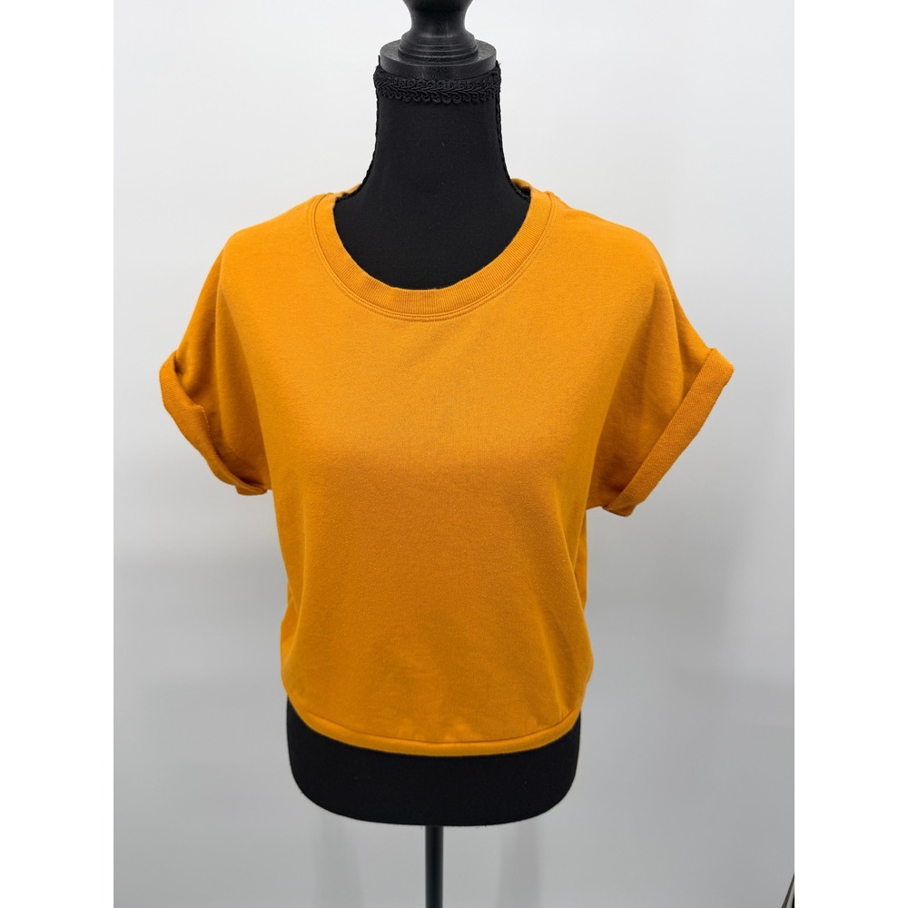 Fabletics Short Sleeve Sweatshirt Women M Mustard Yellow Excellent Cropped Cuffs